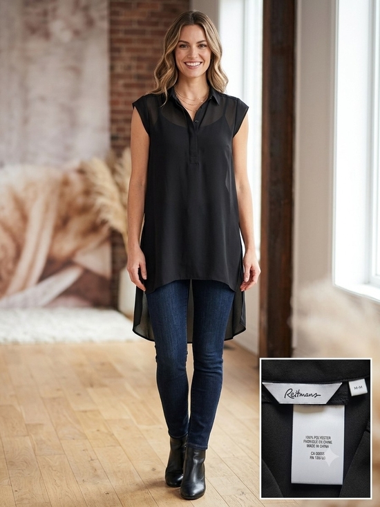 Reitmans Tops - Reitmans Black Sheer High-Low Tunic Top Sleeveless Button Collar Size M